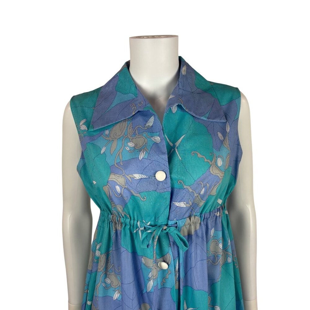 Vintage 70s Maxi Dress Womens Medium Trippy Aqua Lavender Tropical Empire Waist - Picture 5 of 13